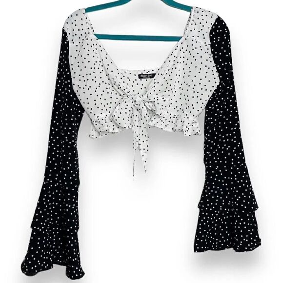 Nasty Gal Tops - Nasty Gal Front Tie Long Sleeve Polka Dot Crop Top White and Black Size 2
